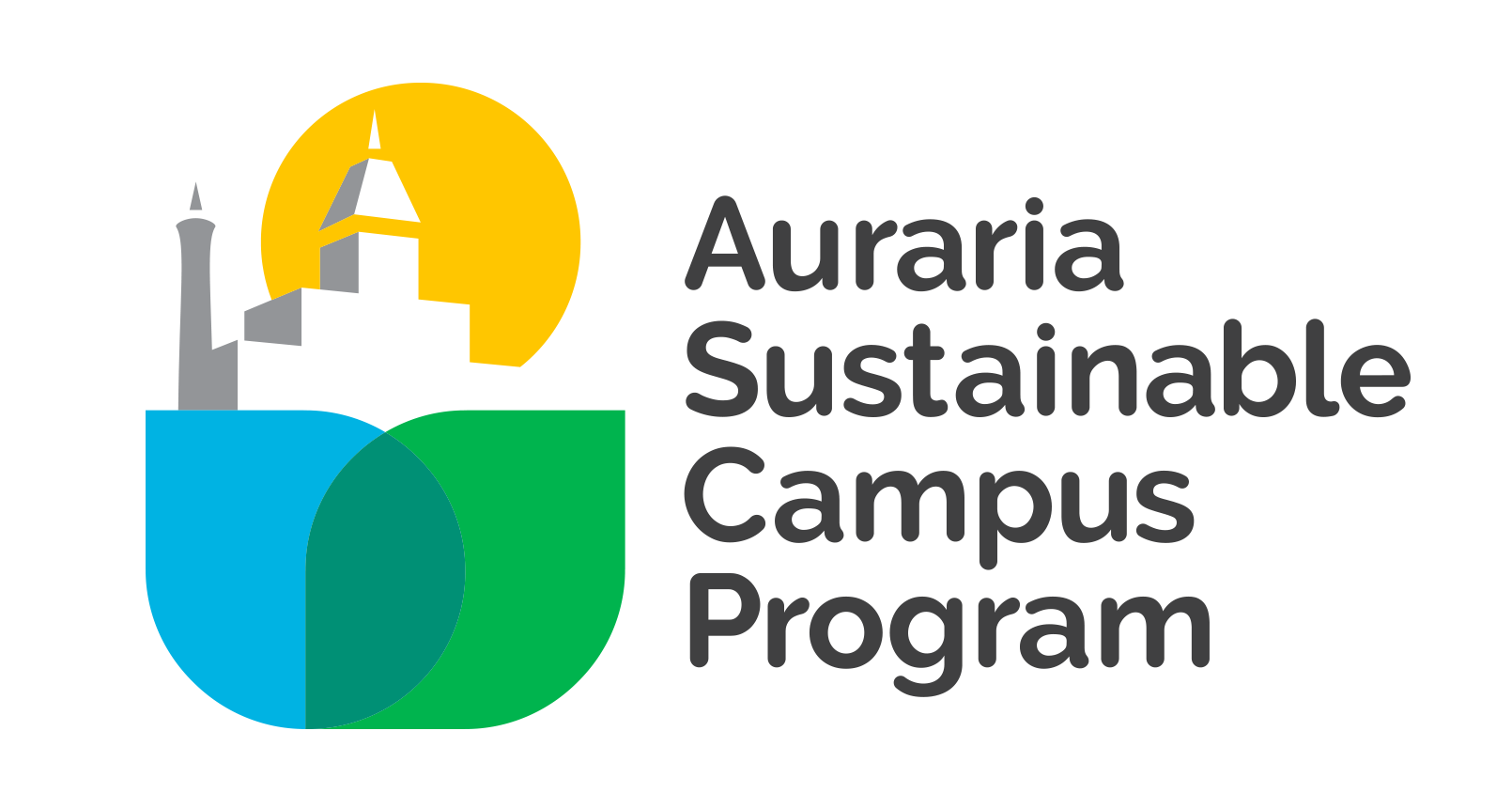 Logo for the Auraria Sustainable Campus Program. The graphic features a stylized white campus building in front of a yellow sun, with overlapping blue and green shapes. To the right, the text reads: "Auraria Sustainable Campus Program."