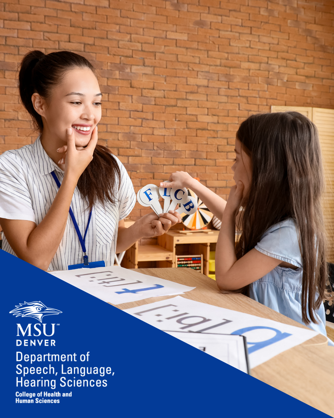 Speech-language learning activity between a professional and a child using alphabet cards at a table. MSU Denver Department of Speech, Language, Hearing Sciences logo and department name appear in a blue banner at the bottom.