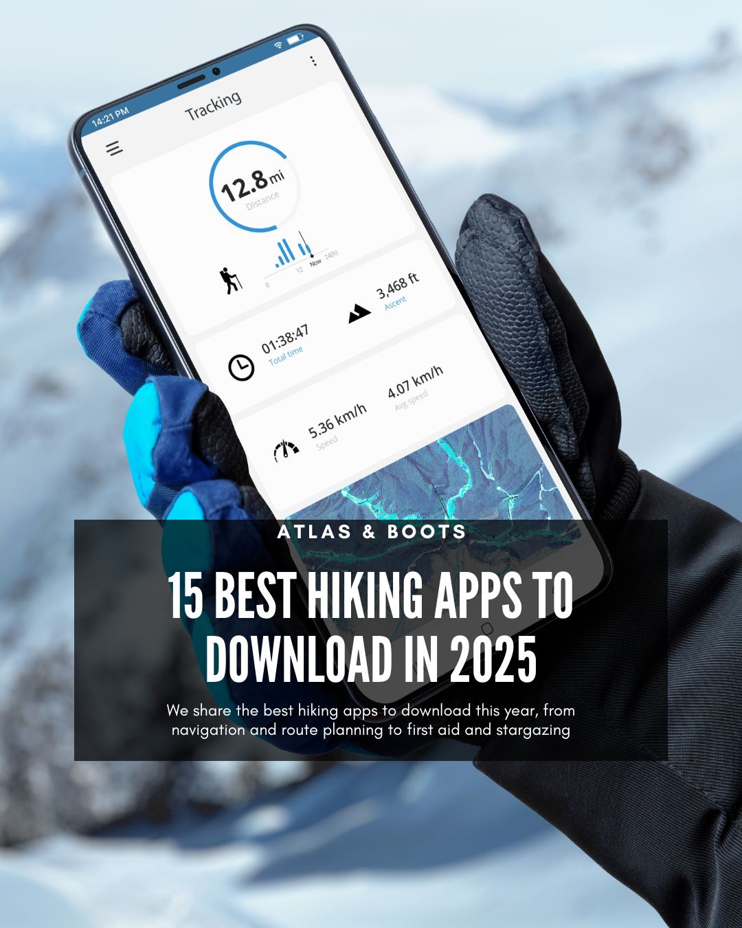 gloved hand holds a smartphone with a hikign app