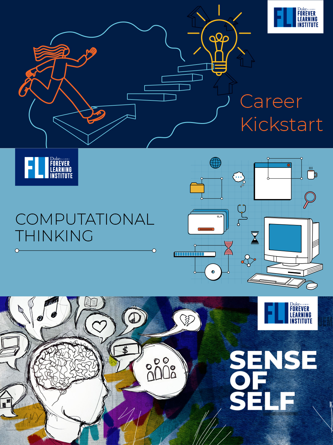 Graphic promoting Duke’s Forever Learning Institute with three themes: Career Kickstart, Computational Thinking, and Sense of Self, each with colorful illustrations.