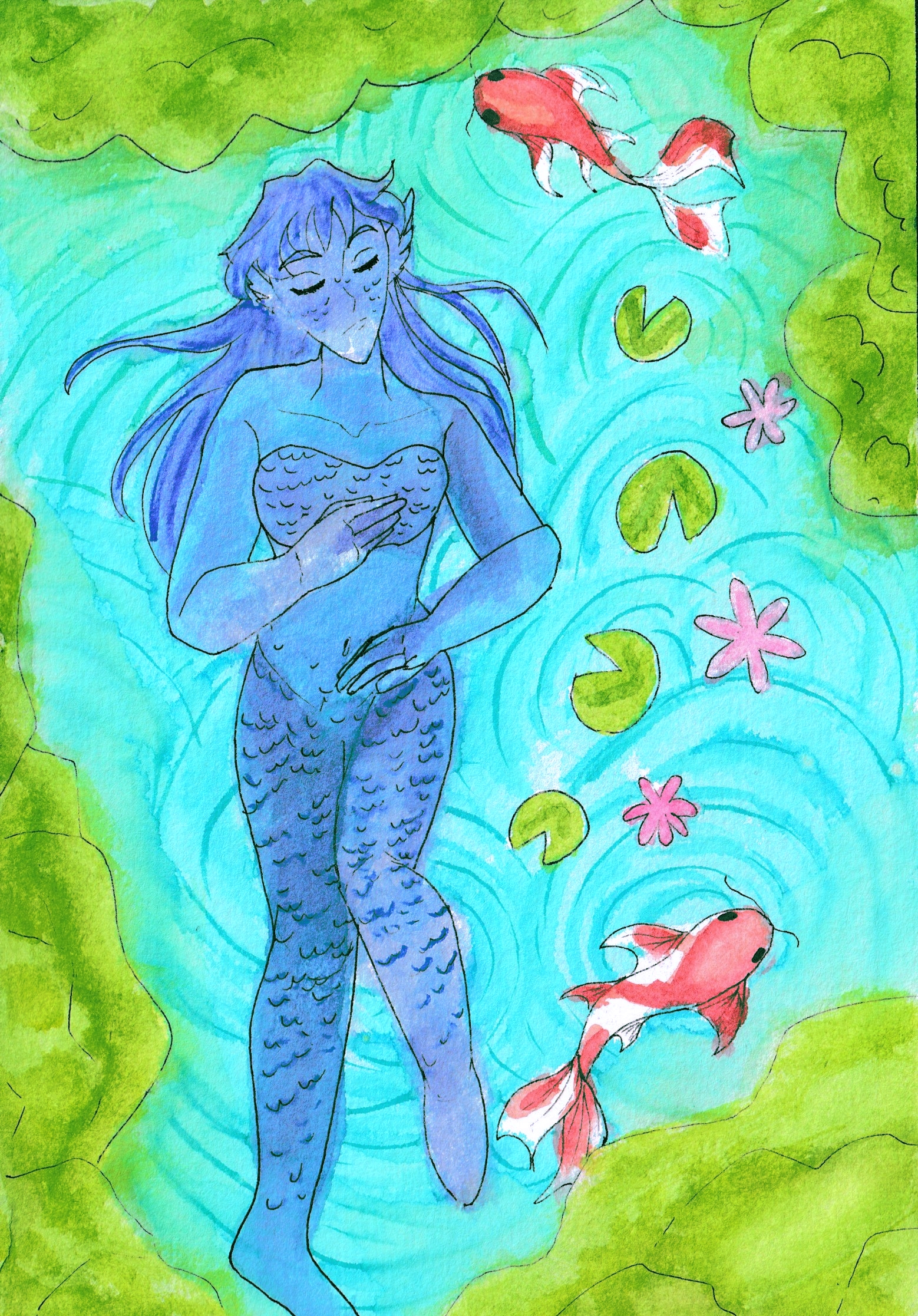 A painting of a naiad with blue hair and scales sleeping in a pond surrounded by lily pads, trees, and koi fish.