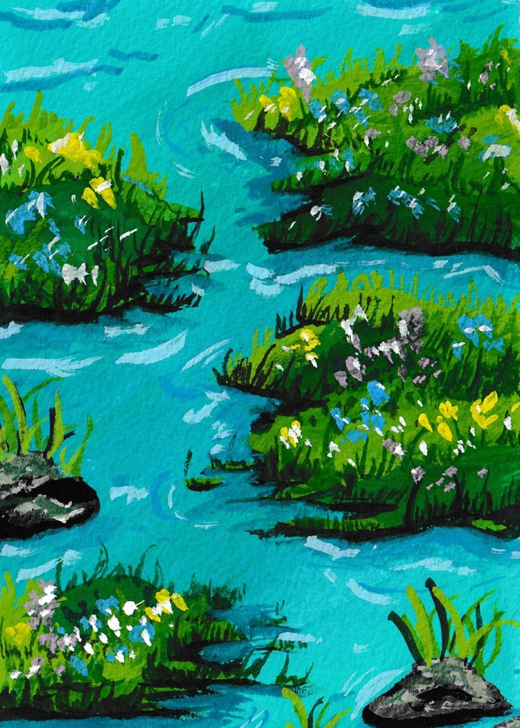 A painting of a pond with blue water, and patches of rocks and green foliage. There are small dots of coloured flowers.