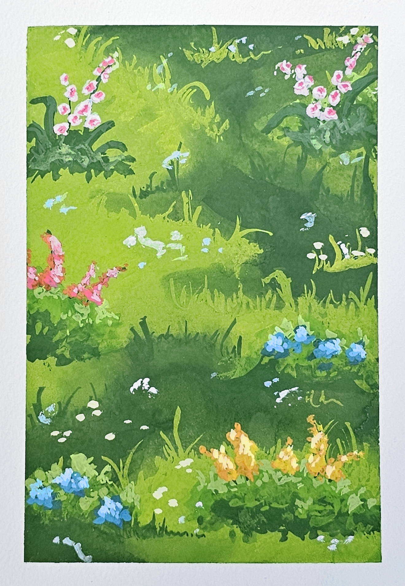 A bright grassland painting, with patches of lighter and darker grass, and a variety of brightly coloured flowers.