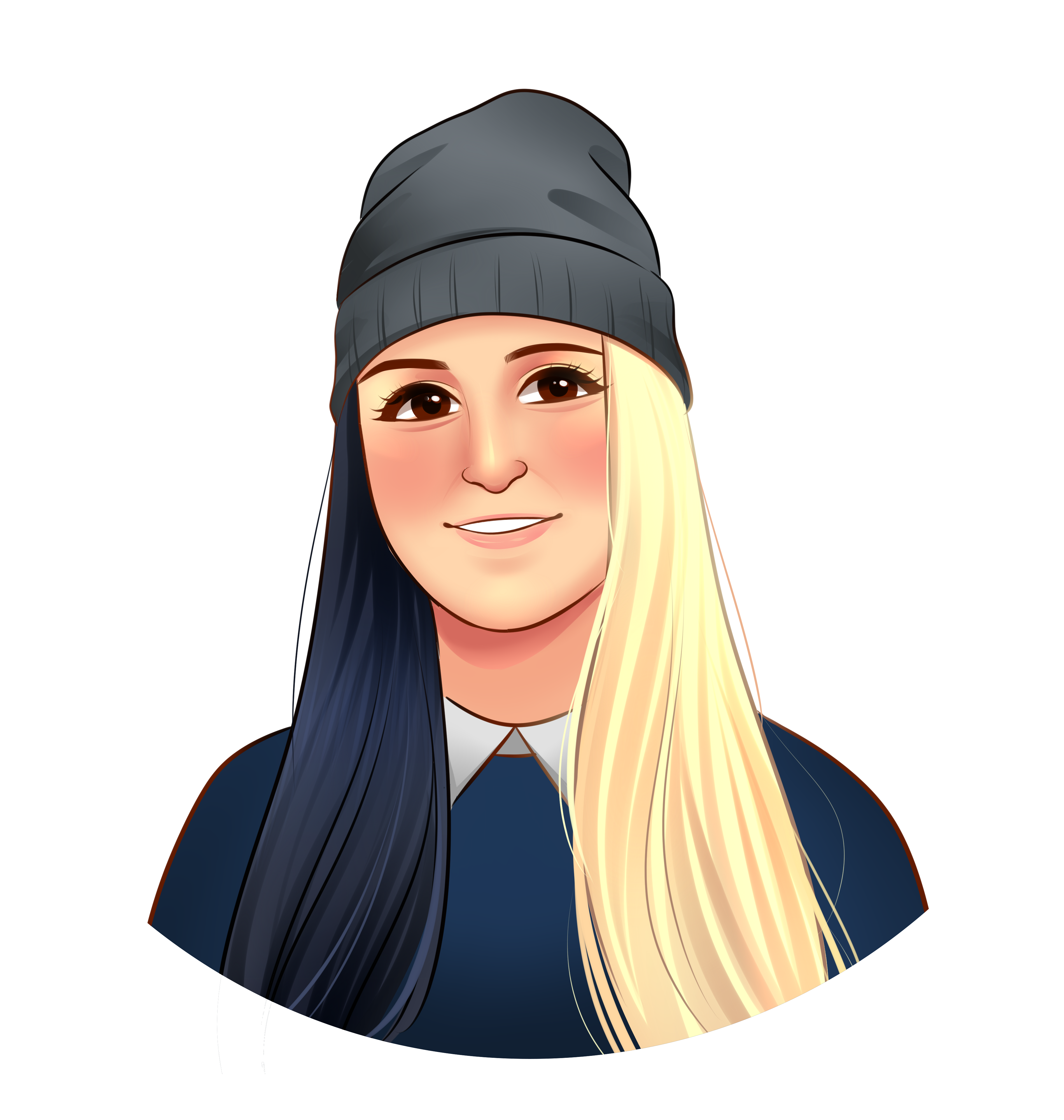 Cartoon Version of Margo, wearing a dark skull cap with split dye hair