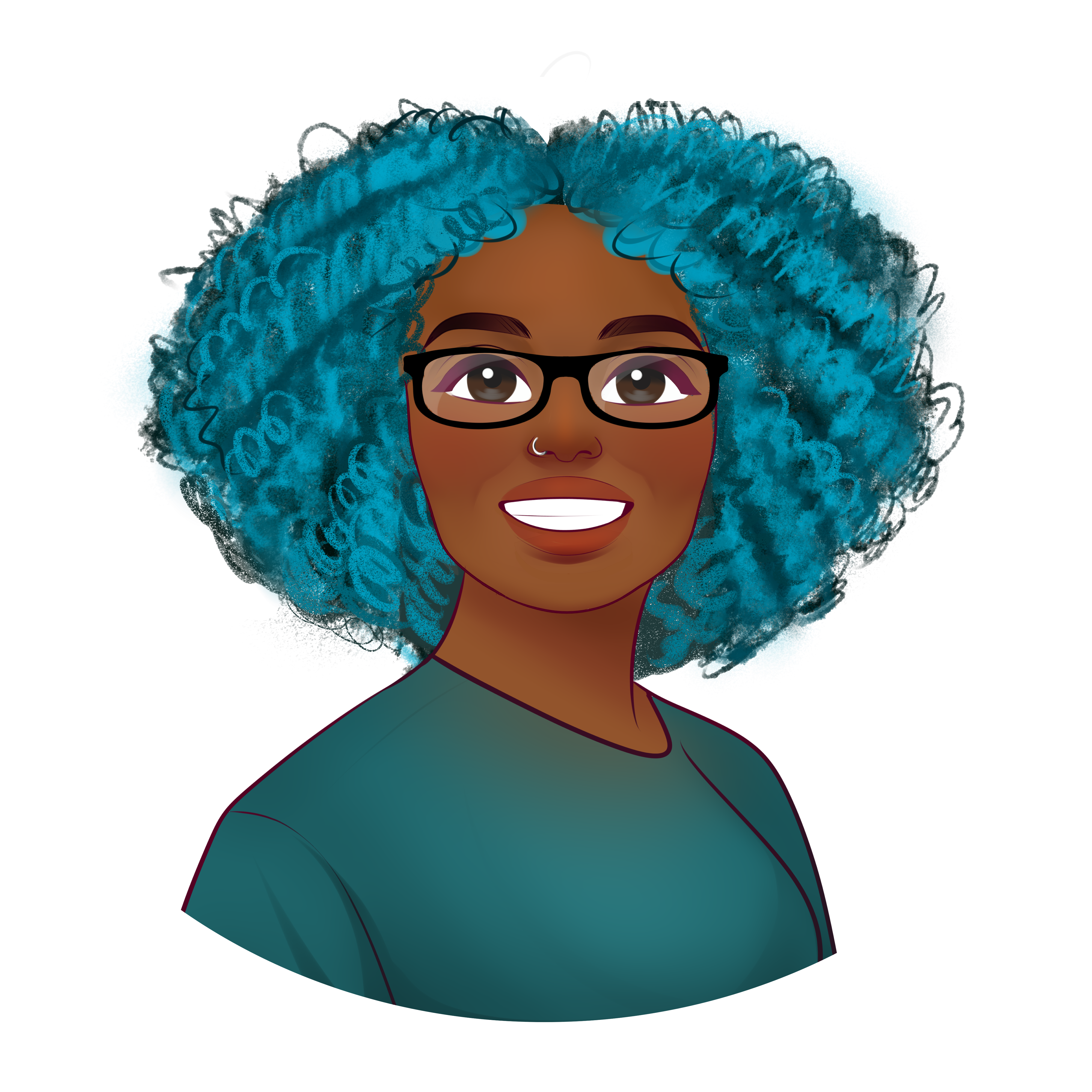Cartoon Version of Erinn with turquoise blue hair and wearing a green shirt 
