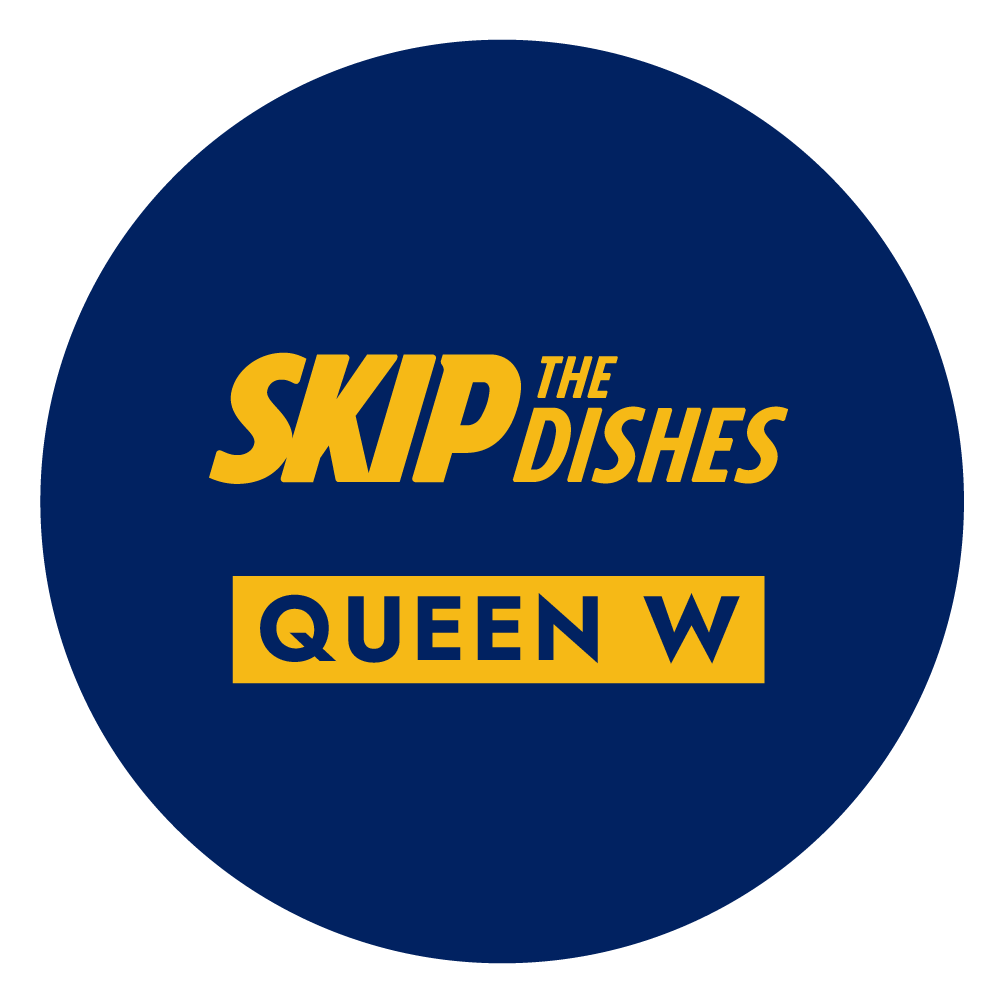 Circle with Skip the Dishes logo and Queen West label