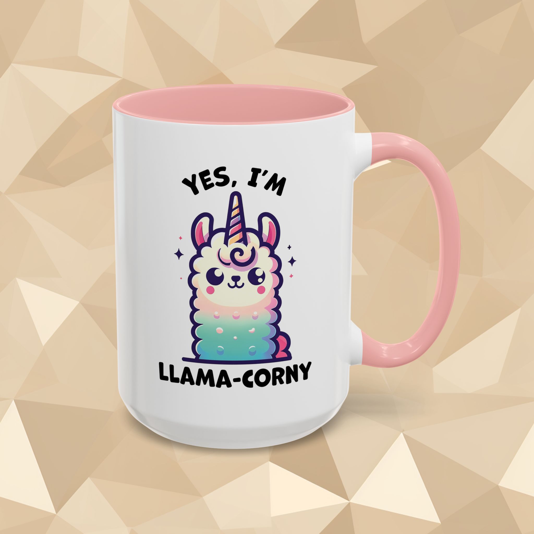 A cute smiling kawaii llamacorn llama with a horn is looking directly at you. The llamacorn is rainbow colored and fluffy and their are sparkles around its head. The text says yes Im llama-corny as a play on corny, silly, dorky, and fun.