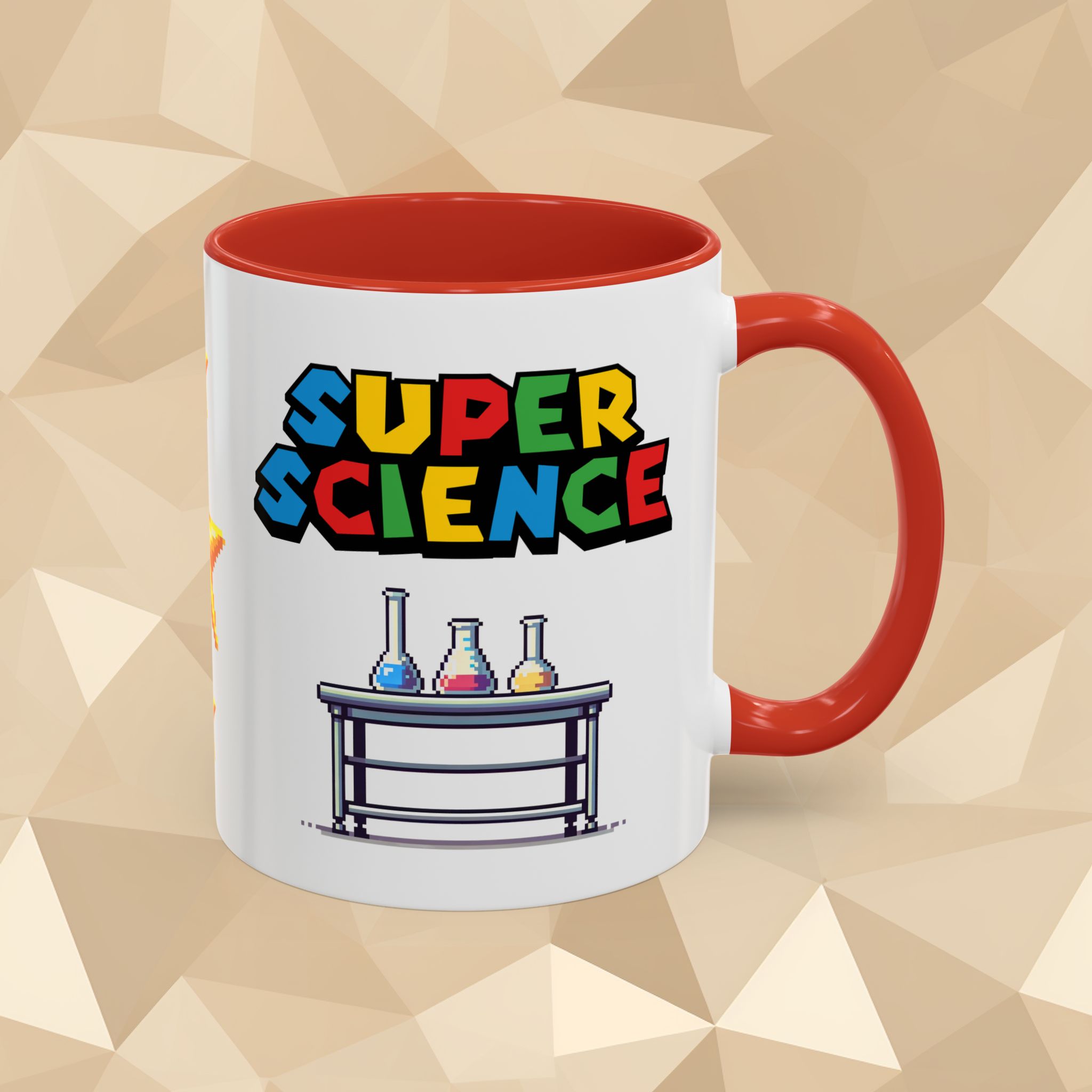 This 80s video game nostalgia mug features a pixel art lab bench with 3 colorful flasks and a logo similar to a favorite vintage party game that says SUPER SCIENCE in colored block letters. The center of the mug has 3 pixel art stars.