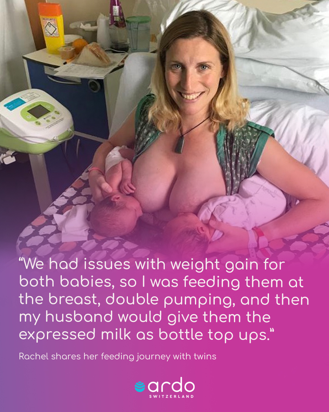 Rachel McGregor breastfeeding her twin in hospital bed with Ardo hospital grade breast pump beside her