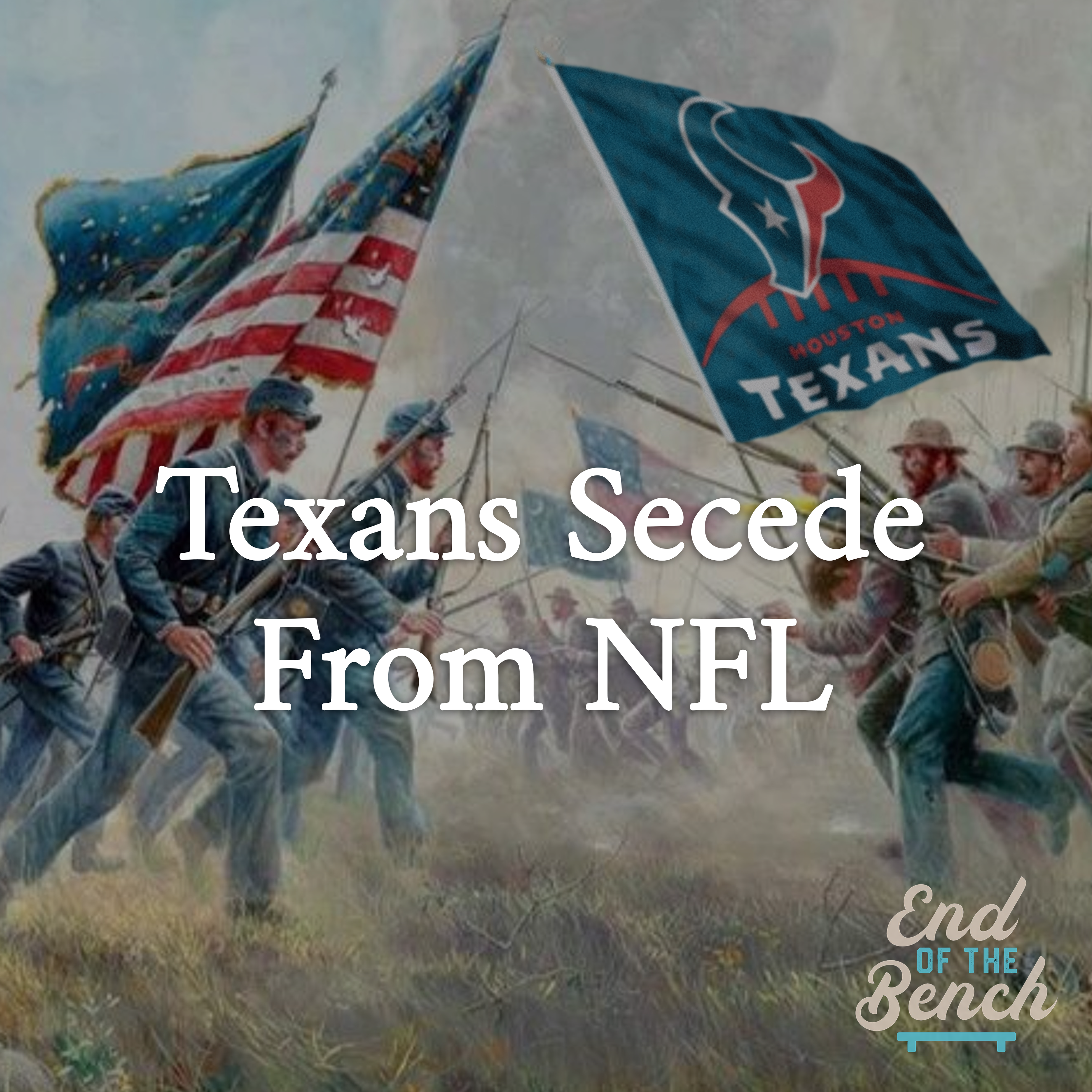  An artistic rendering of Civil War battle. Two battalions of soldiers charge at each other, representing the Union and Confederate armies respectively. At the fore is a soldier carrying the flag of their side, one American and the other carrying a flag that originally bore the Confederacy's, replaced with the Houston Texans logo.