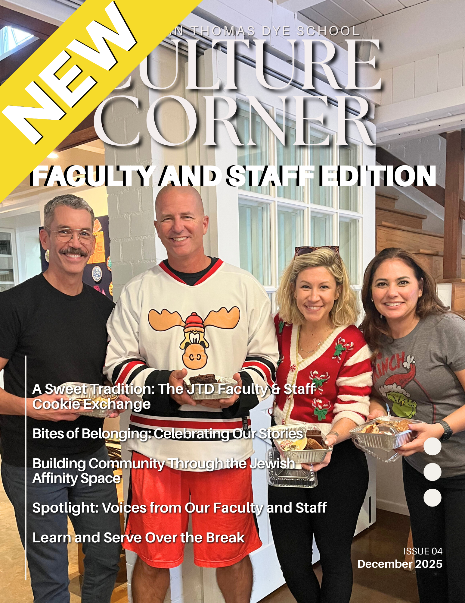 Cover of the December 2025 Culture Corner Newsletter with Faculty and Staff at the annual cookie exchange party