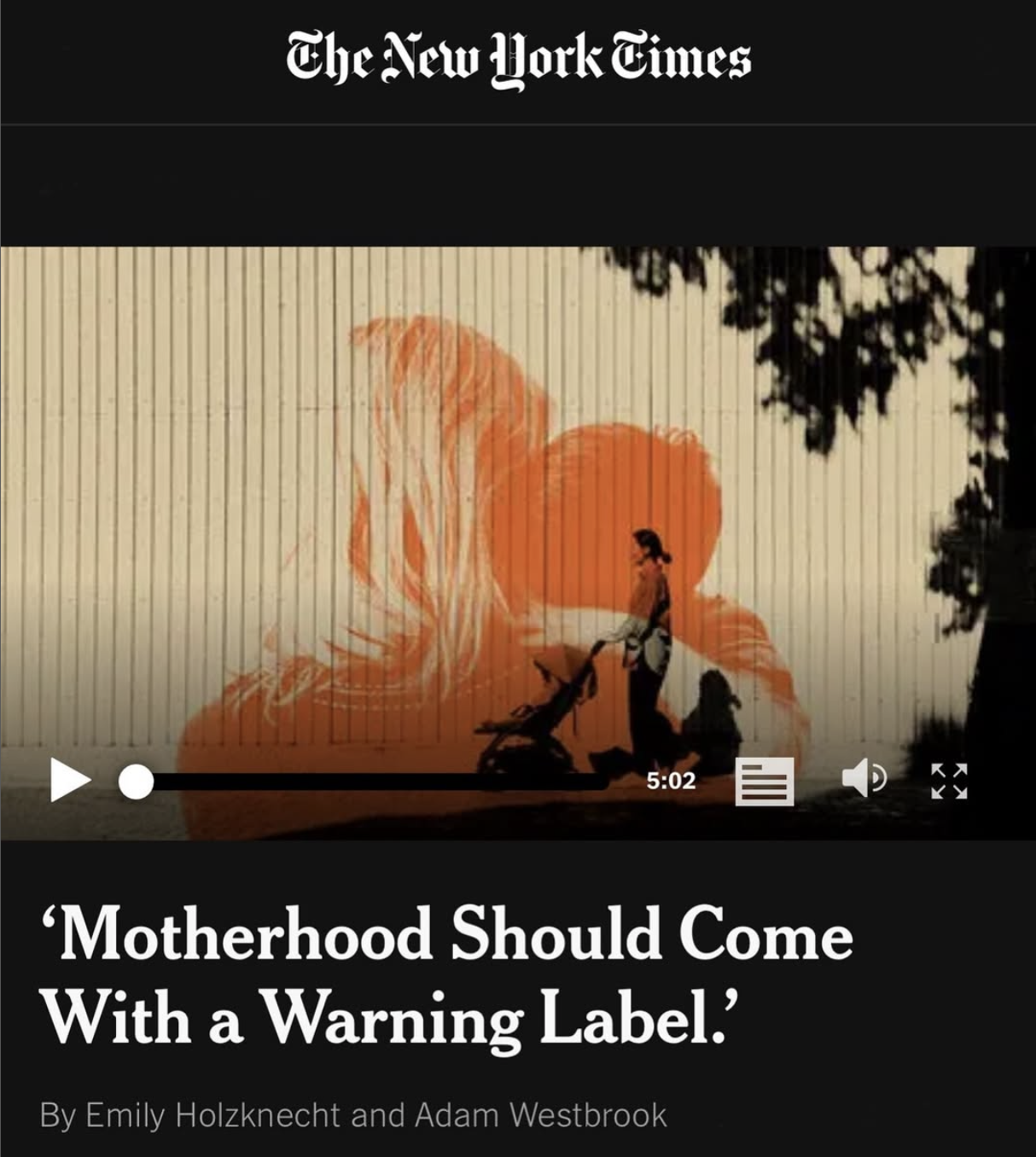 “Motherhood Should Come With a Warning Label”  📹 By Emily Holzknecht & Adam Westbrook – The New York Times  What’s the real cost of motherhood? In this insightful video, New York Times readers share their personal experiences — the joys, the challenges, and the unspoken truths.  Well worth listening to.   #MakeMothersMatter #Motherhood #MotherRights #Parenting #MaternalHealth #MothersVoices #motherhoodpenalty
