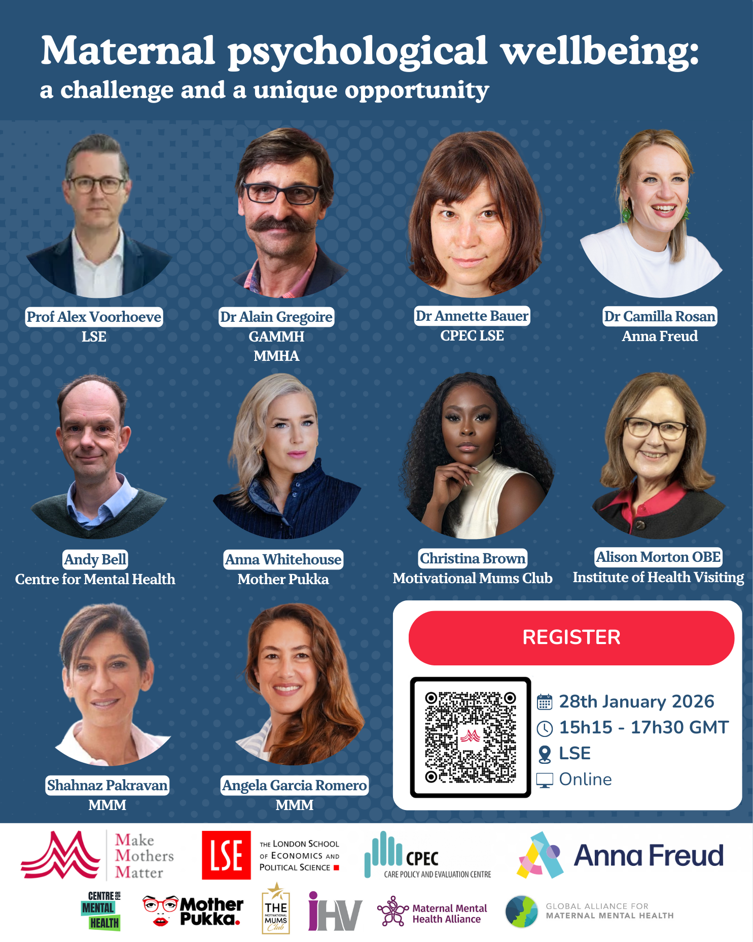 Event graphic promoting a free online webinar on maternal psychological wellbeing, hosted by Make Mothers Matter at the London School of Economics. The image shows headshots of expert speakers from LSE, Anna Freud, Centre for Mental Health, Institute of Health Visiting and civil society, alongside event details: Wednesday 28 January 2026, 15:15–17:30 GMT, live-streamed, with a clear “Register” call to action.