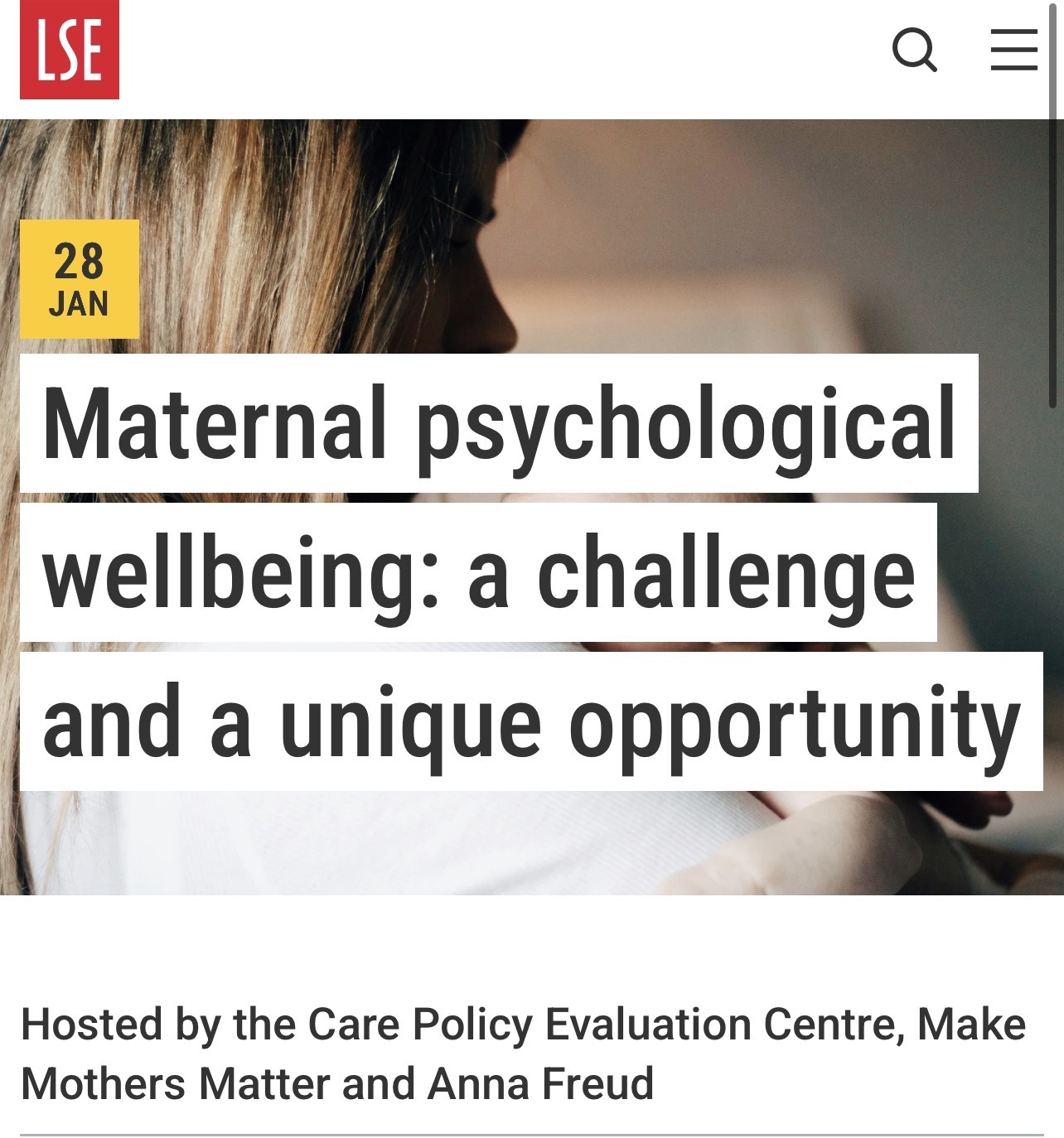 LSE event graphic promoting a free online webinar on maternal psychological wellbeing, hosted by Make Mothers Matter at the London School of Economics.