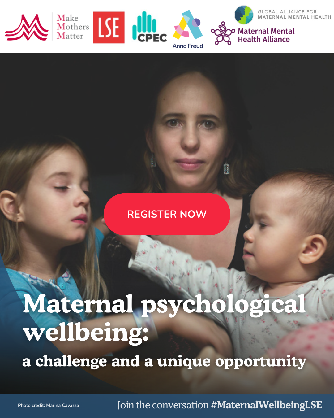 Event graphic promoting a free online webinar on maternal psychological wellbeing, hosted by Make Mothers Matter at the London School of Economics. The image shows a mother and 2 children, Anna Freud, Centre for Mental Health, Institute of Health Visiting and civil society, alongside event details: Wednesday 28 January 2026, 15:15–17:30 GMT, live-streamed, with a clear “Register” call to action.