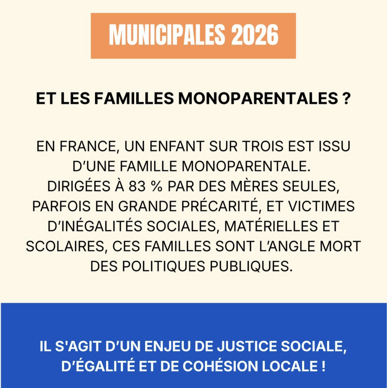 La campagne des élections municipales a officiellement débuté partout en France. Nous nous sommes réunis en collectif de toute la France pour interpeller les candidat.e.s sur les enjeux des familles monoparentales. Nous avons besoin de votre soutien pour aller plus loin. Comment participer ? Parents solos, adhérent.e.s, allié.e.s, n'hésitez pas à cliquer sur le lien en bio télécharger, imprimer et garder ce tract sur vous pour aller échanger avec les équipes de campagne, très résentes en ce moment sur les marchés, aux abords des écoles... N'hésitez pas à relayer et riposter au max cette publication!! Ensemble, imposons ce sujet dans l'agenda des élections municipales!! On lâche rien! Reply association_familles_mono La campagne des élections municipales a officiellement débuté partout en France. Nous nous sommes réunis en collectif de toute la France pour interpeller les candidat.e.s sur les enjeux des familles monoparentales. Nous avons besoin de votre soutien [...]