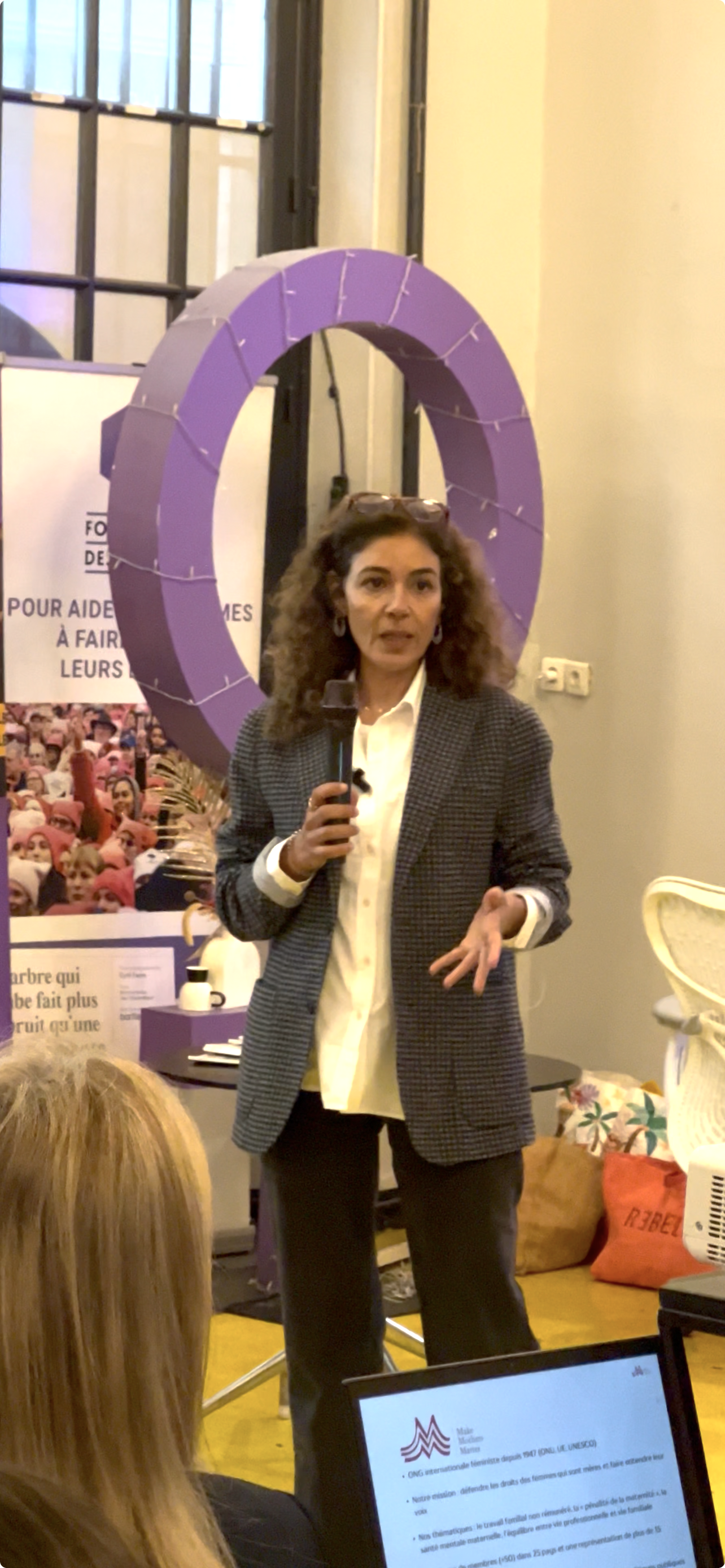 Afaf Abounouadar, Executive Director of Make Mothers Matter (MMM), speaking at an event hosted at La Cité Audacieuse in Paris focused on the realities of single-parent families and maternal wellbeing. During the event, MMM presented findings from the State of Motherhood in Europe 2024 survey, highlighting the challenges faced by mothers in France, including mental overload, maternal mental health concerns, work-life balance difficulties, and the unequal distribution of unpaid care work. The event brought together elected officials from the City of Paris, associations supporting families and women's rights, and civil society organisations committed to advancing gender equality, parental support, and recognition of the care economy. Keywords: motherhood in France, maternal mental health, single mothers, family policy, unpaid care work, work-life balance, State of Motherhood in Europe 2024, Make Mothers Matter.