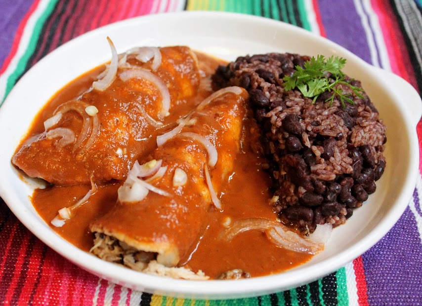 2 chicken enchiladas with rice & beans