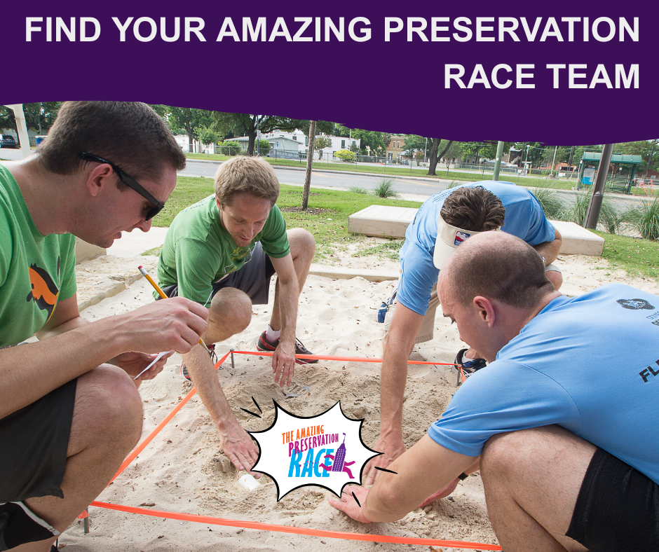 APR registration - image is Team of 4 digging in the sand - title says "Find your Amazing Preservation Race team"