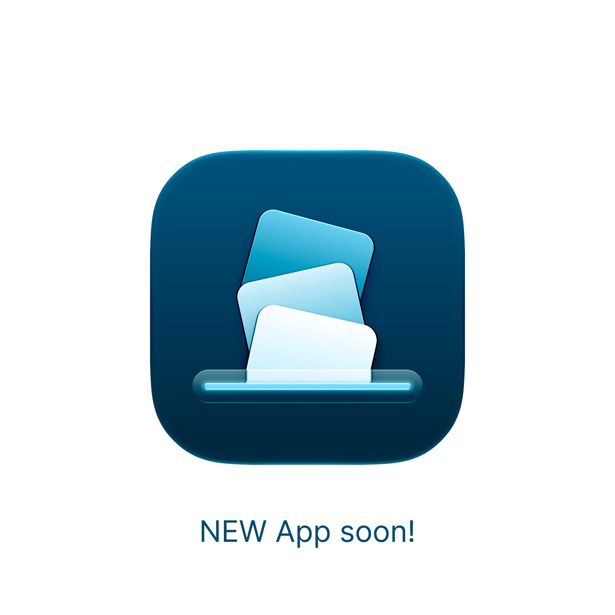 App icon, blue dark gradient background. The icon shows cards or tiles falling into a glowing line.